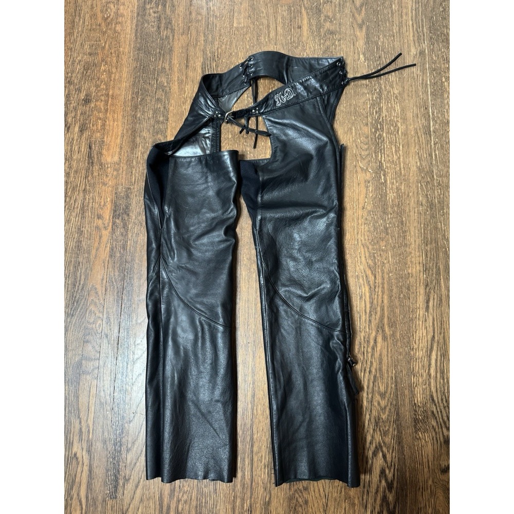 Harley-Davidson Womens Small Black Leather Motorcycle Chaps Winged Logo Mint